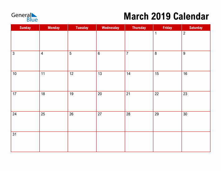 Simple Monthly Calendar - March 2019