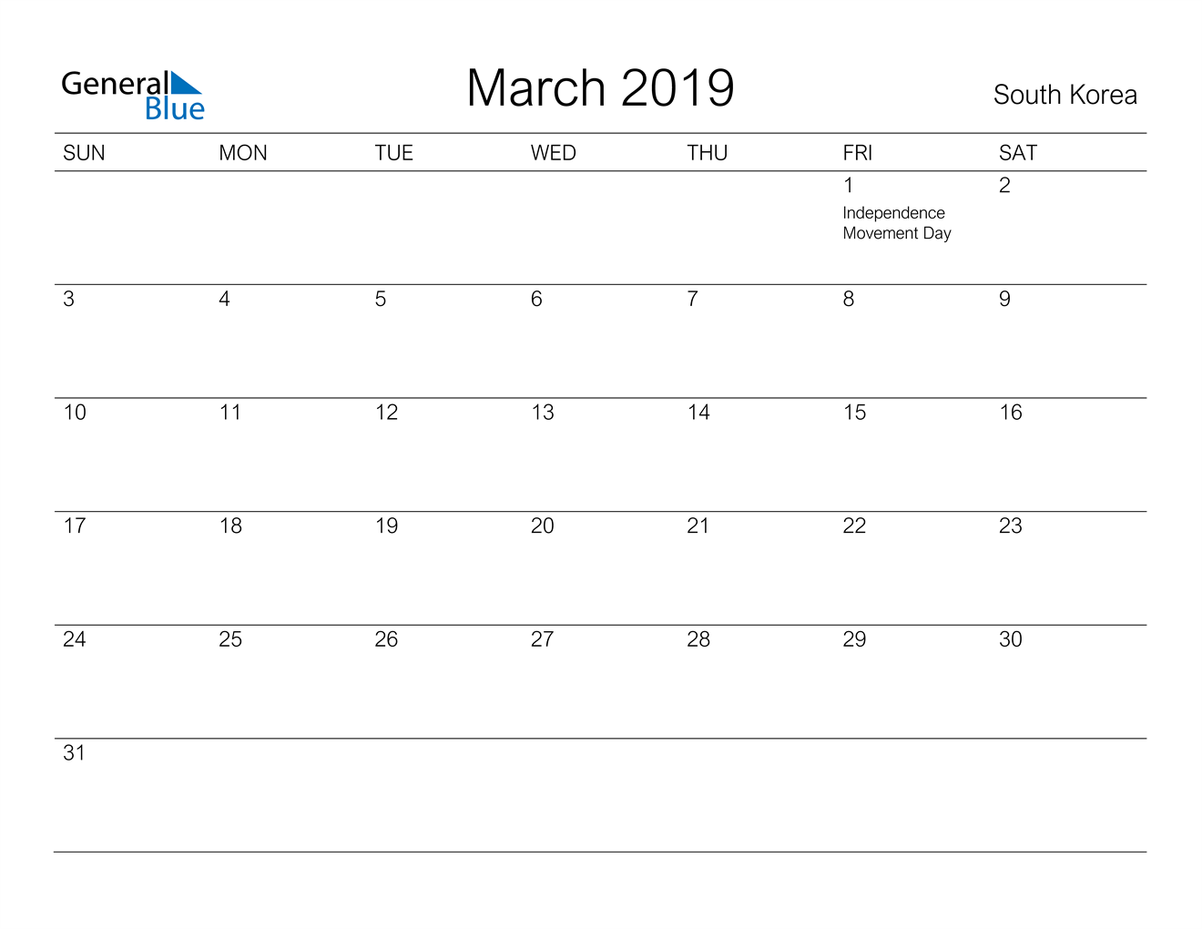 March 2019 Calendar South Korea