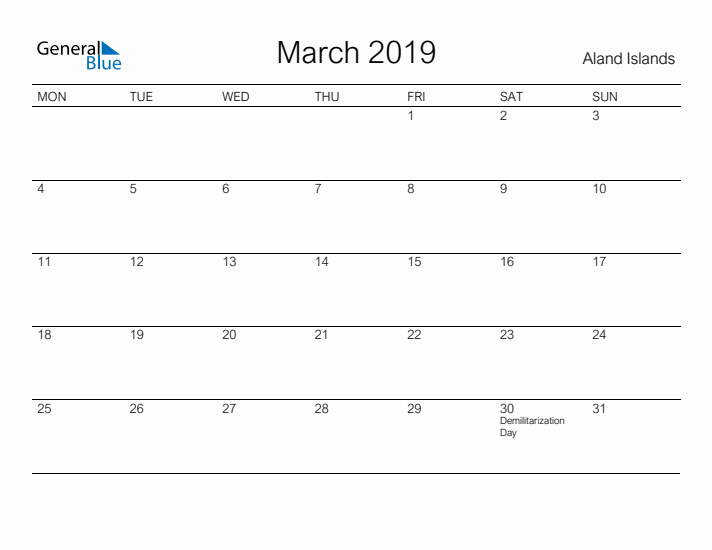 Printable March 2019 Calendar for Aland Islands