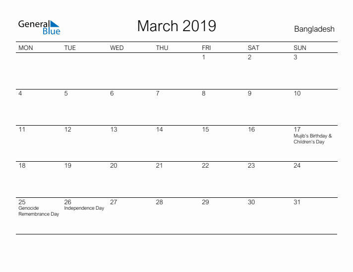 Printable March 2019 Calendar for Bangladesh