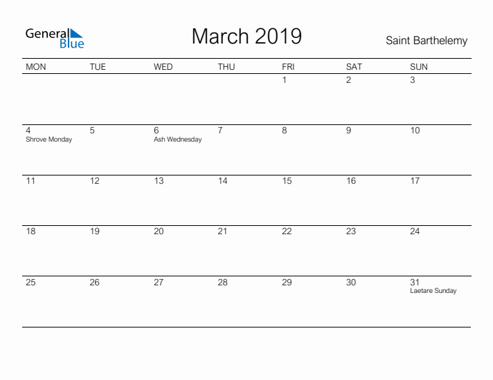 Printable March 2019 Calendar for Saint Barthelemy