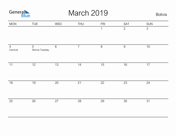 Printable March 2019 Calendar for Bolivia