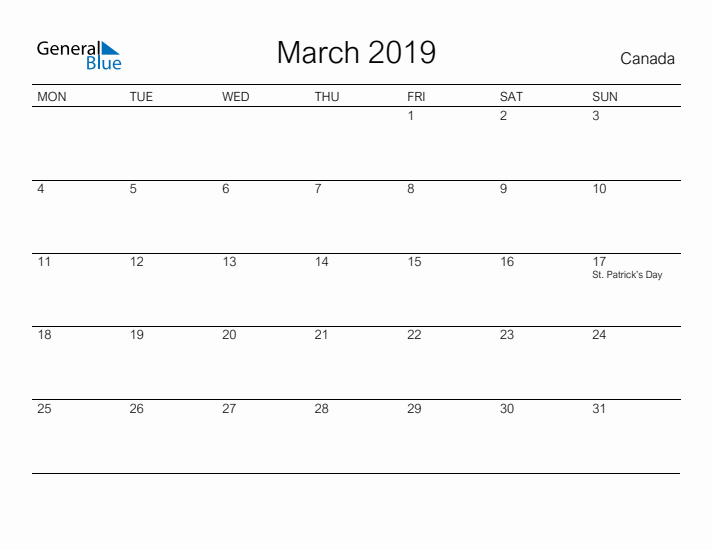 Printable March 2019 Calendar for Canada