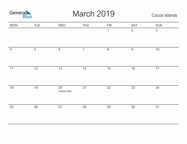 Printable March 2019 Calendar for Cocos Islands