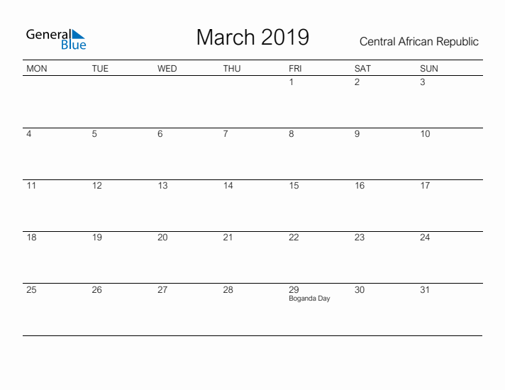 Printable March 2019 Calendar for Central African Republic
