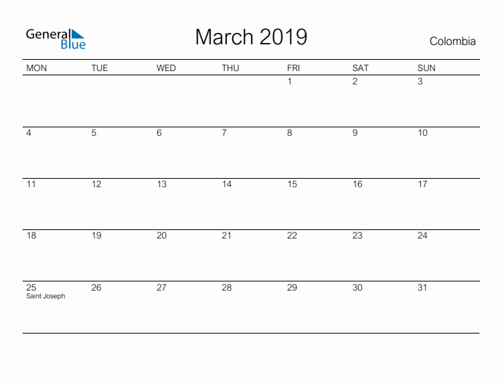 Printable March 2019 Calendar for Colombia