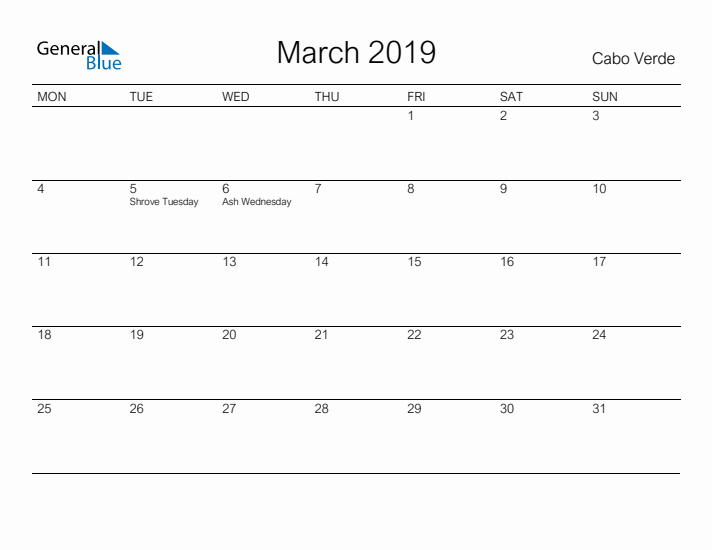 Printable March 2019 Calendar for Cabo Verde