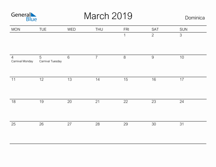 Printable March 2019 Calendar for Dominica