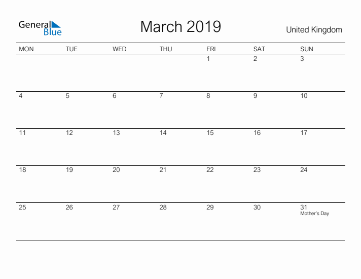 Printable March 2019 Calendar for United Kingdom