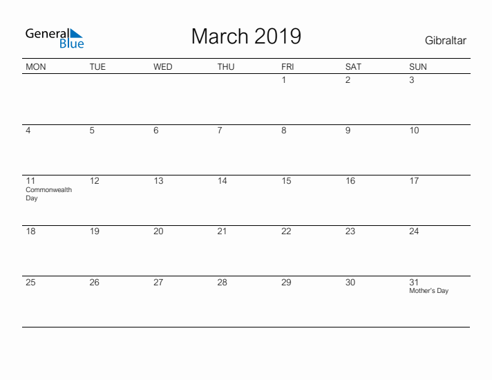 Printable March 2019 Calendar for Gibraltar