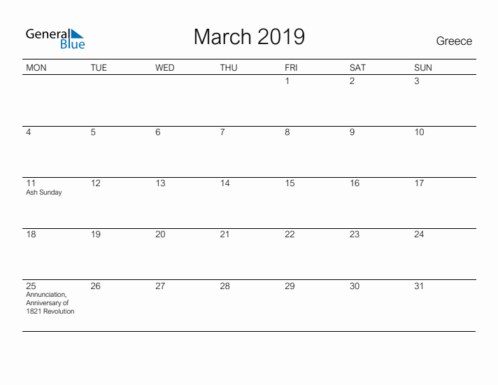 Printable March 2019 Calendar for Greece