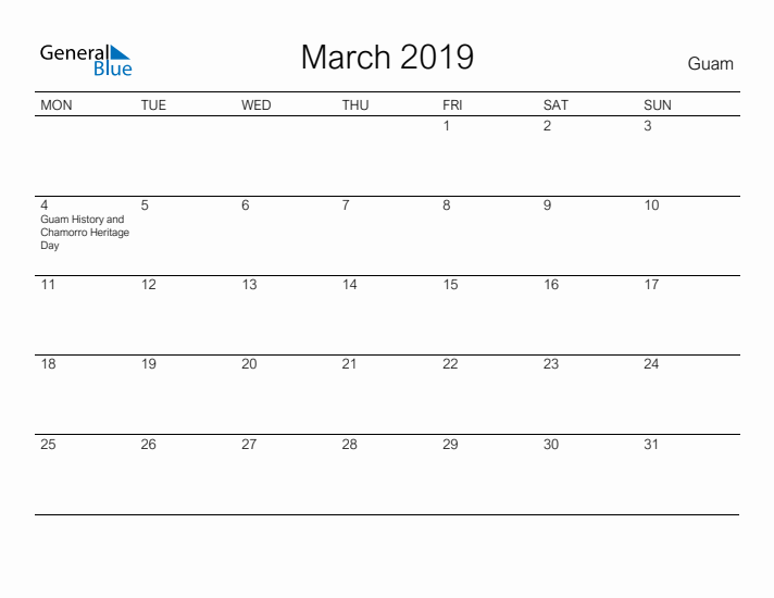 Printable March 2019 Calendar for Guam