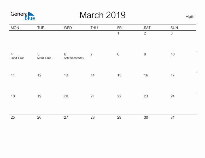 Printable March 2019 Calendar for Haiti