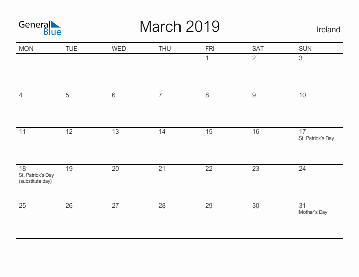 Printable March 2019 Calendar for Ireland