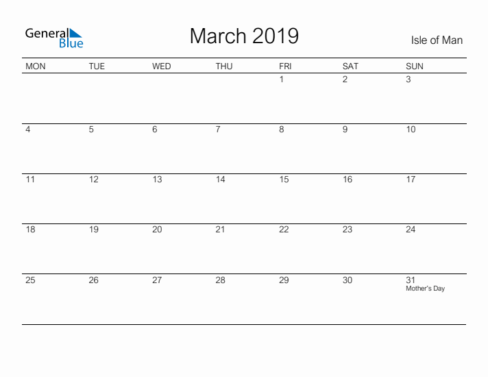Printable March 2019 Calendar for Isle of Man