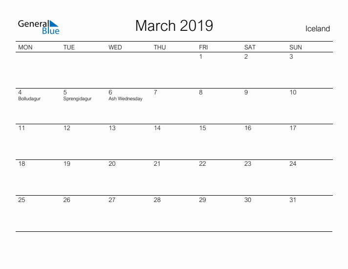 Printable March 2019 Calendar for Iceland