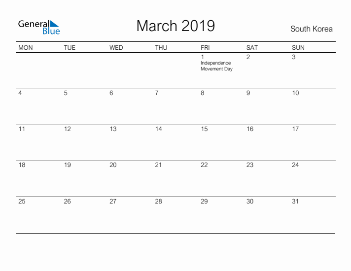Printable March 2019 Calendar for South Korea