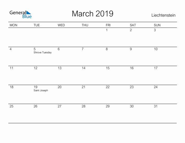 Printable March 2019 Calendar for Liechtenstein