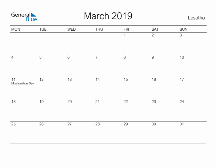 Printable March 2019 Calendar for Lesotho