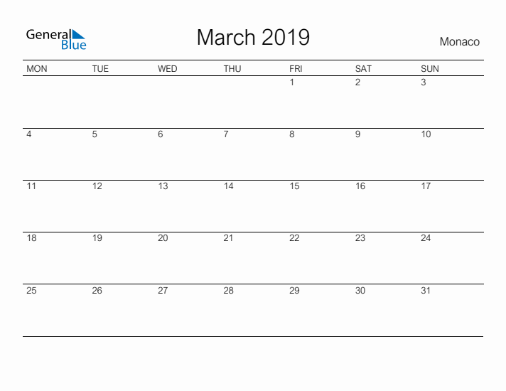 Printable March 2019 Calendar for Monaco