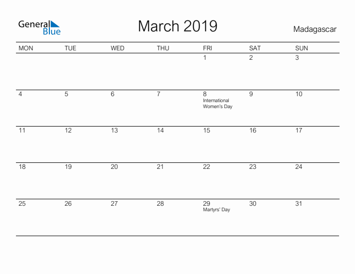 Printable March 2019 Calendar for Madagascar
