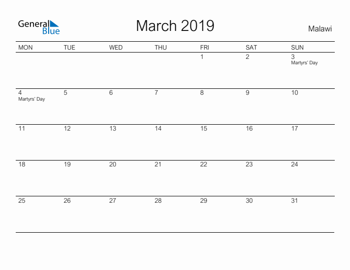 Printable March 2019 Calendar for Malawi