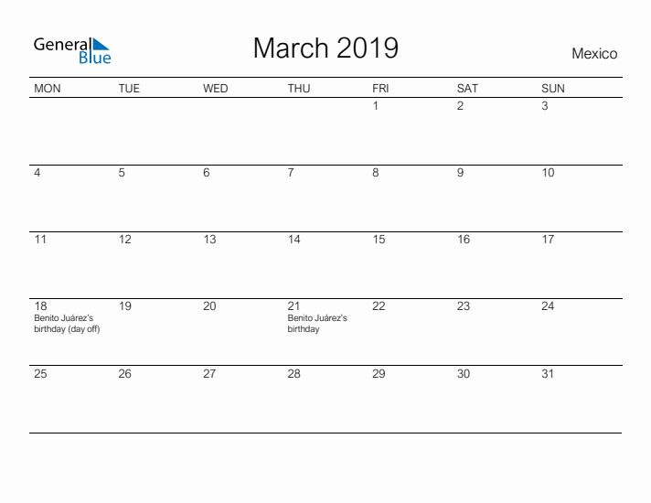 Printable March 2019 Calendar for Mexico