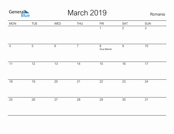 Printable March 2019 Calendar for Romania
