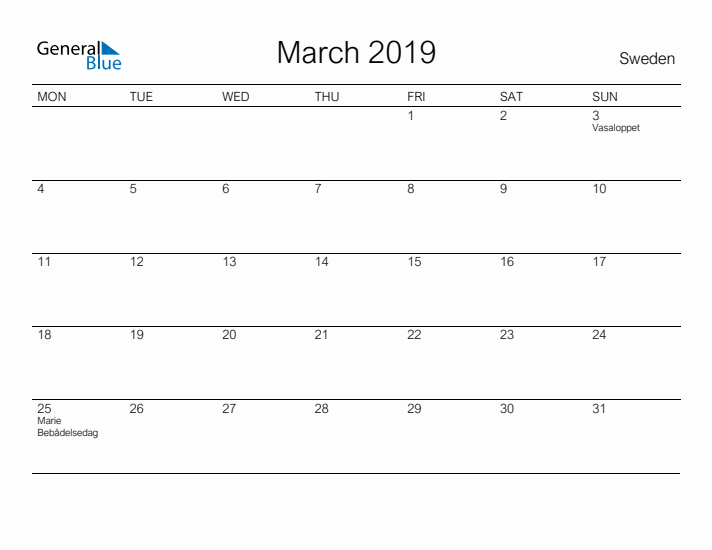Printable March 2019 Calendar for Sweden