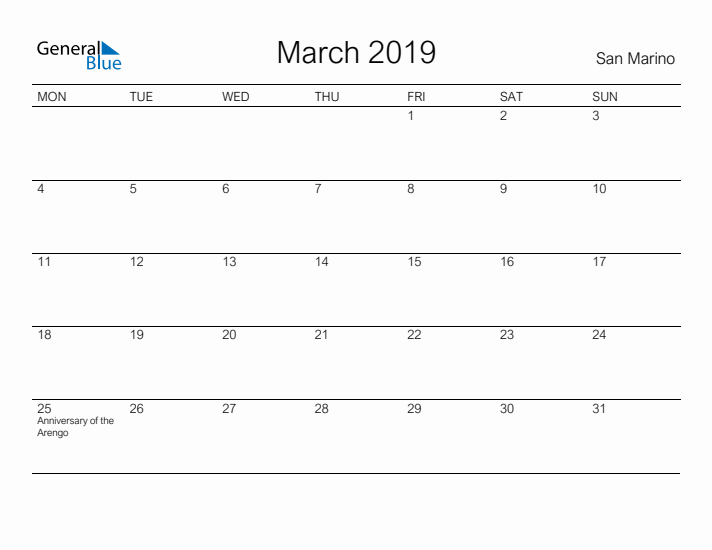 Printable March 2019 Calendar for San Marino