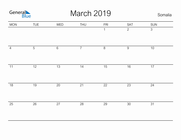 Printable March 2019 Calendar for Somalia