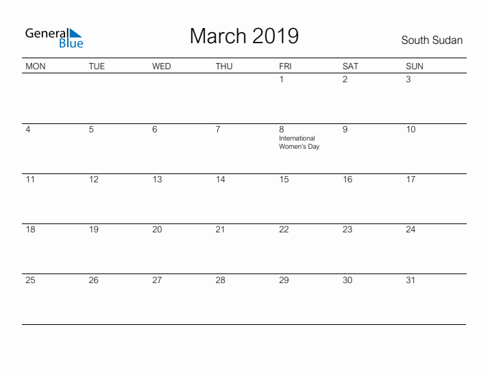 Printable March 2019 Calendar for South Sudan