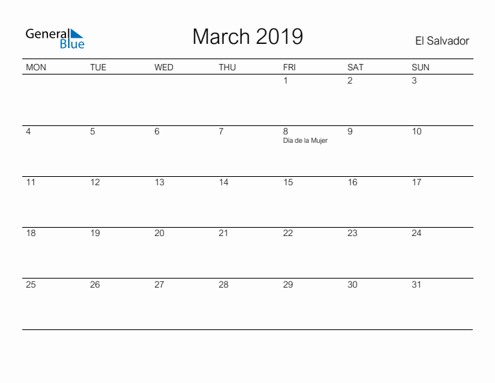 Printable March 2019 Calendar for El Salvador