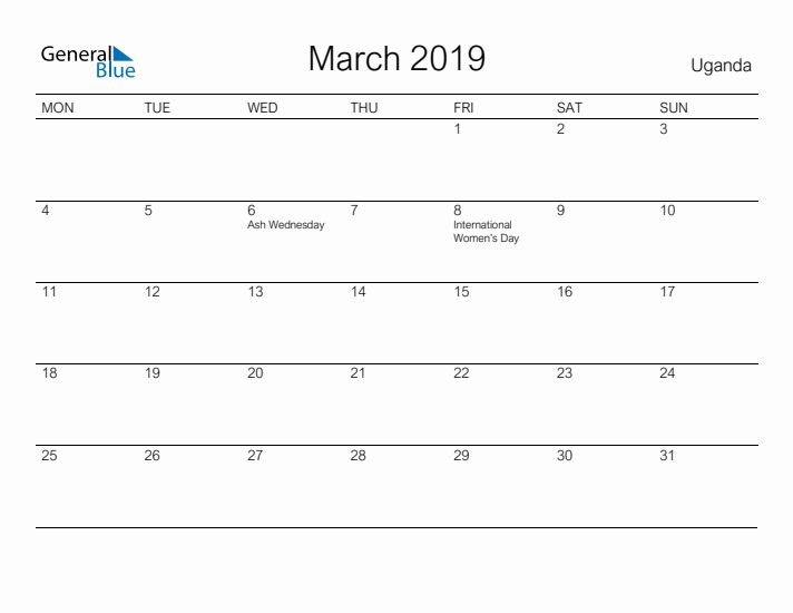 Printable March 2019 Calendar for Uganda