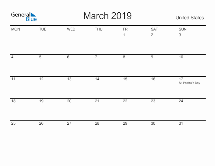 Printable March 2019 Calendar for United States