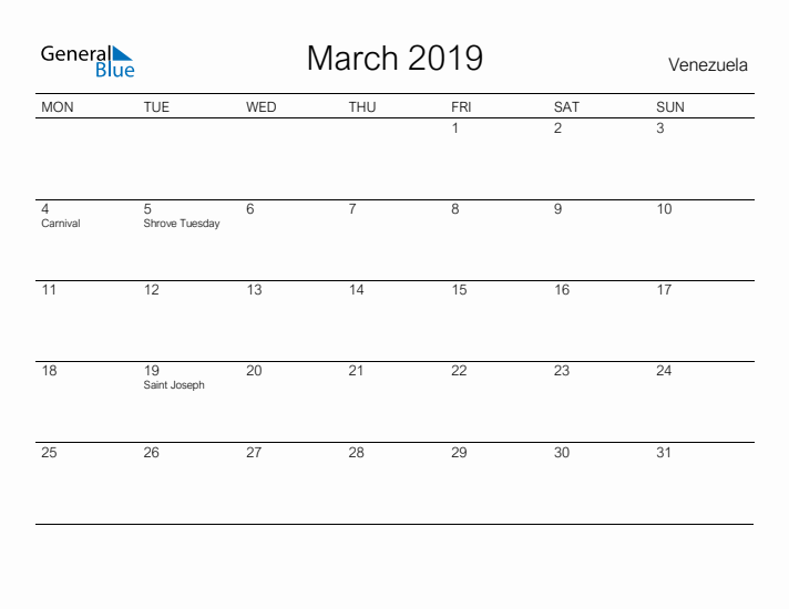 Printable March 2019 Calendar for Venezuela