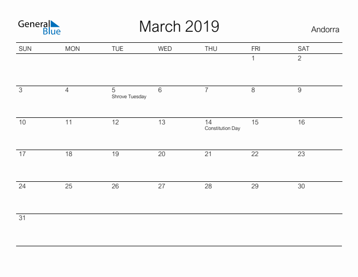 Printable March 2019 Calendar for Andorra