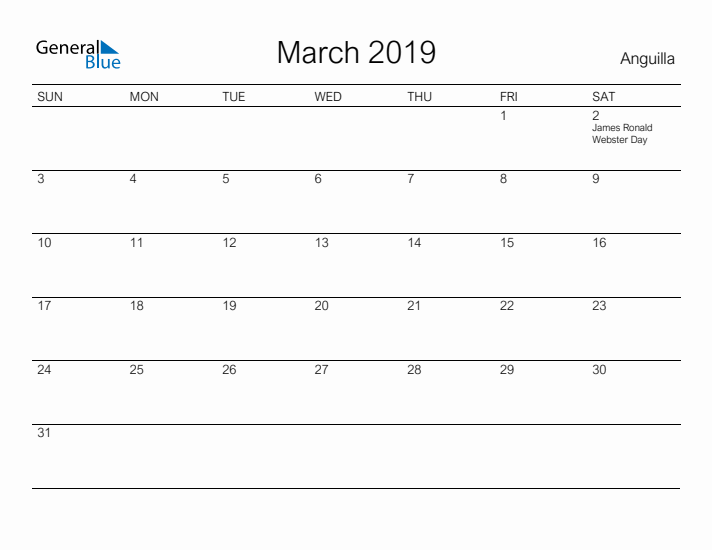 Printable March 2019 Calendar for Anguilla