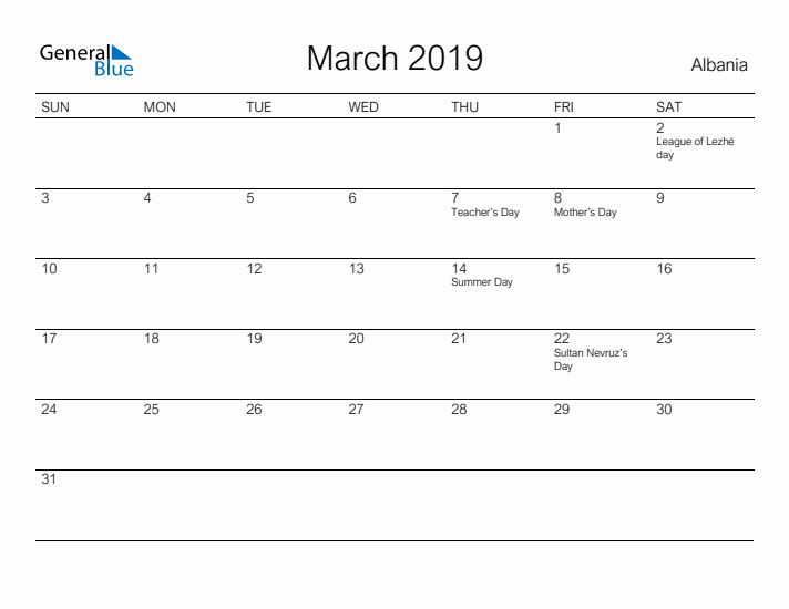 Printable March 2019 Calendar for Albania