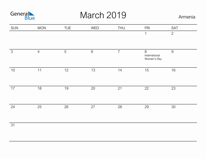 Printable March 2019 Calendar for Armenia