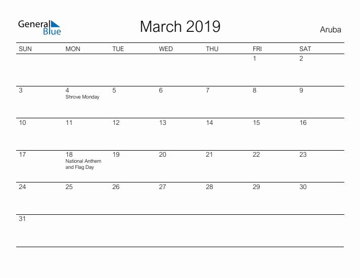 Printable March 2019 Calendar for Aruba
