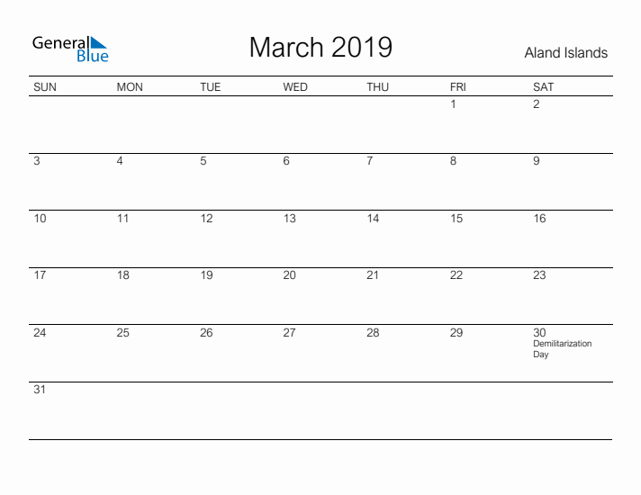 Printable March 2019 Calendar for Aland Islands