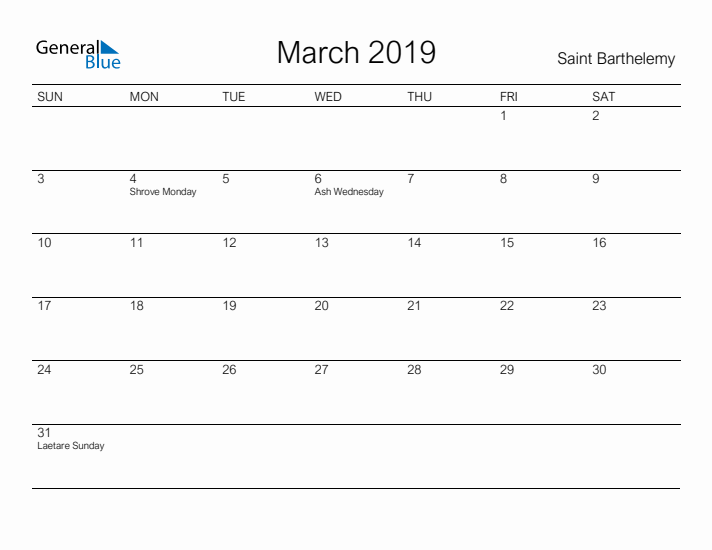 Printable March 2019 Calendar for Saint Barthelemy