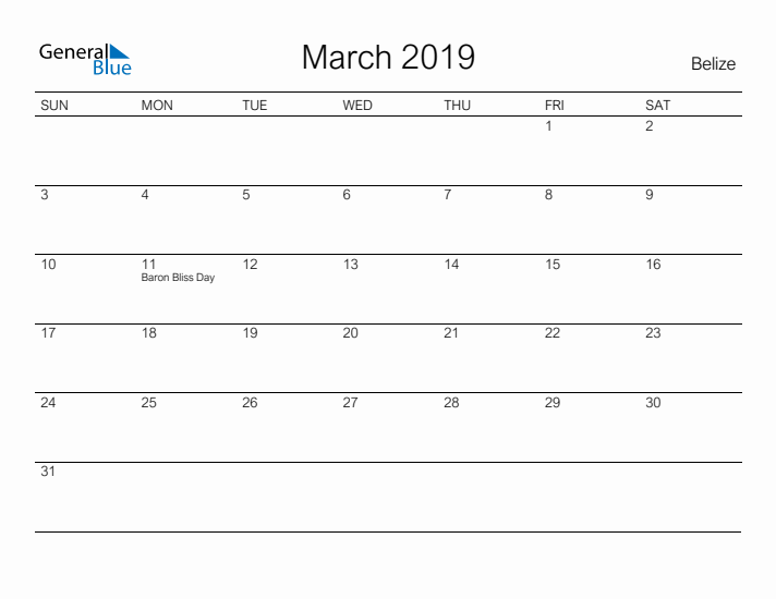 Printable March 2019 Calendar for Belize
