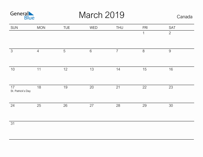 Printable March 2019 Calendar for Canada