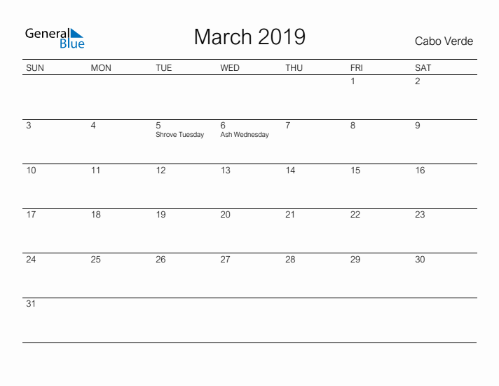 Printable March 2019 Calendar for Cabo Verde