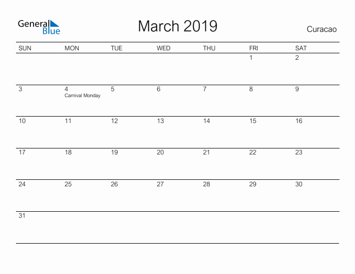 Printable March 2019 Calendar for Curacao