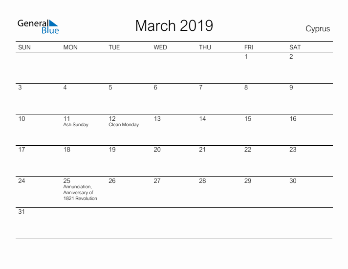 Printable March 2019 Calendar for Cyprus