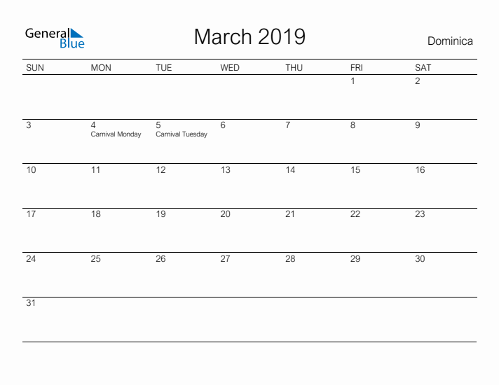 Printable March 2019 Calendar for Dominica