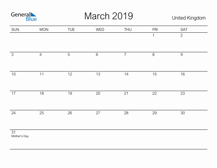 Printable March 2019 Calendar for United Kingdom
